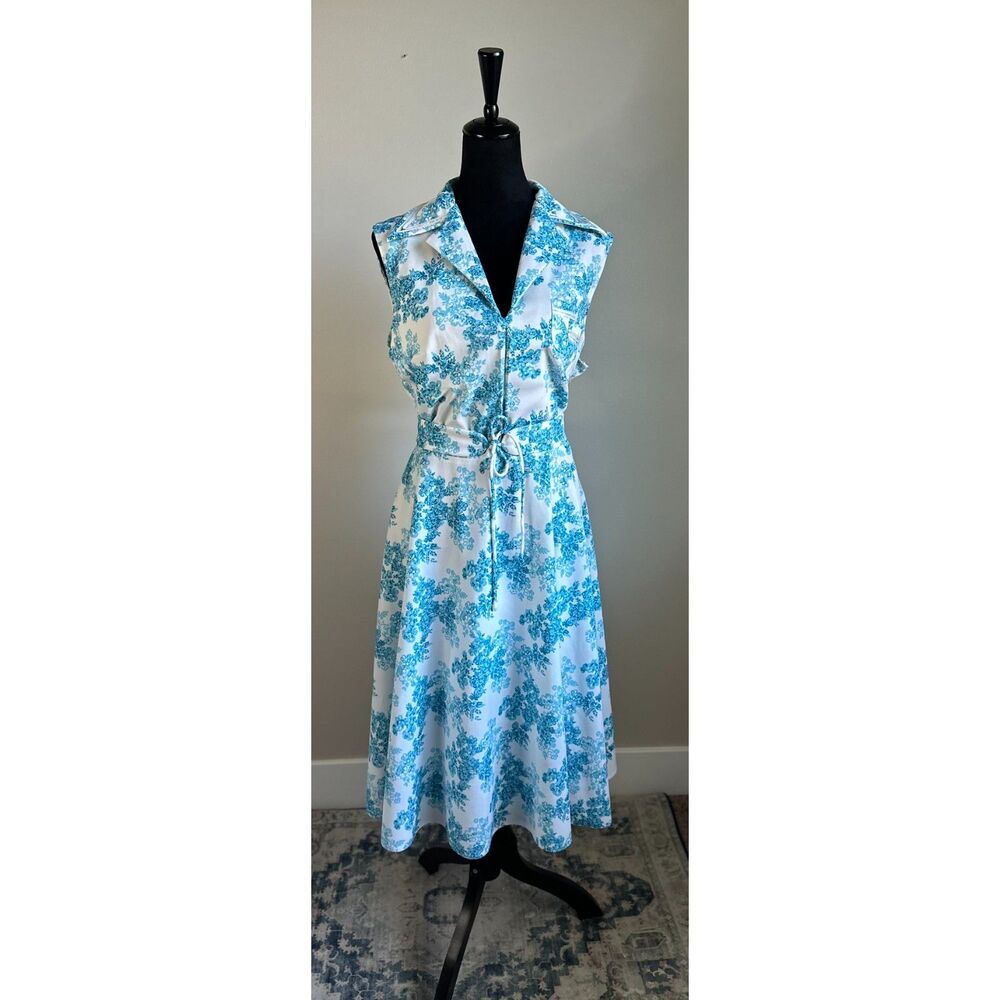 VINTAGE 1960's Belted A-Line V Neck Floral Print Midi Dress in Blue Size L